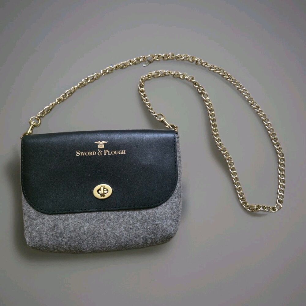 Sword And Plough Crossbody Bag Made In USA Felt Canvas Leather Gold Chain Purse